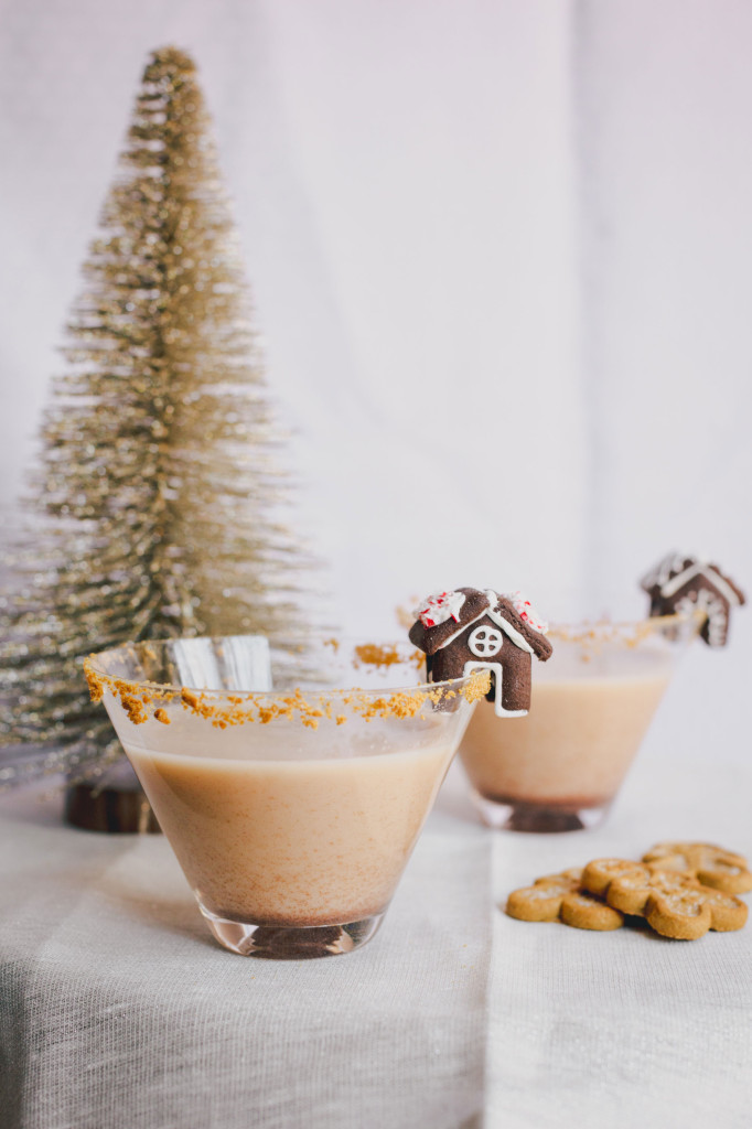 Gingerbread Martini garnished with mini Gingerbread House 